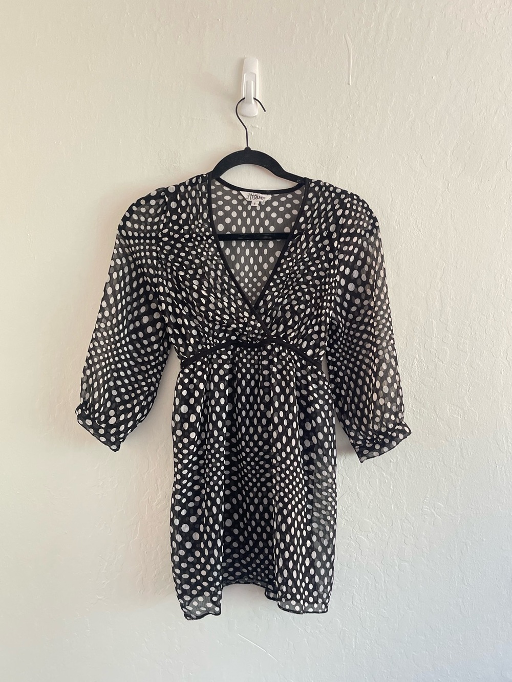 Y2K Tramp Black Polka Dot Silk Sheer Blouse 2000s V Neck Womens Size Small